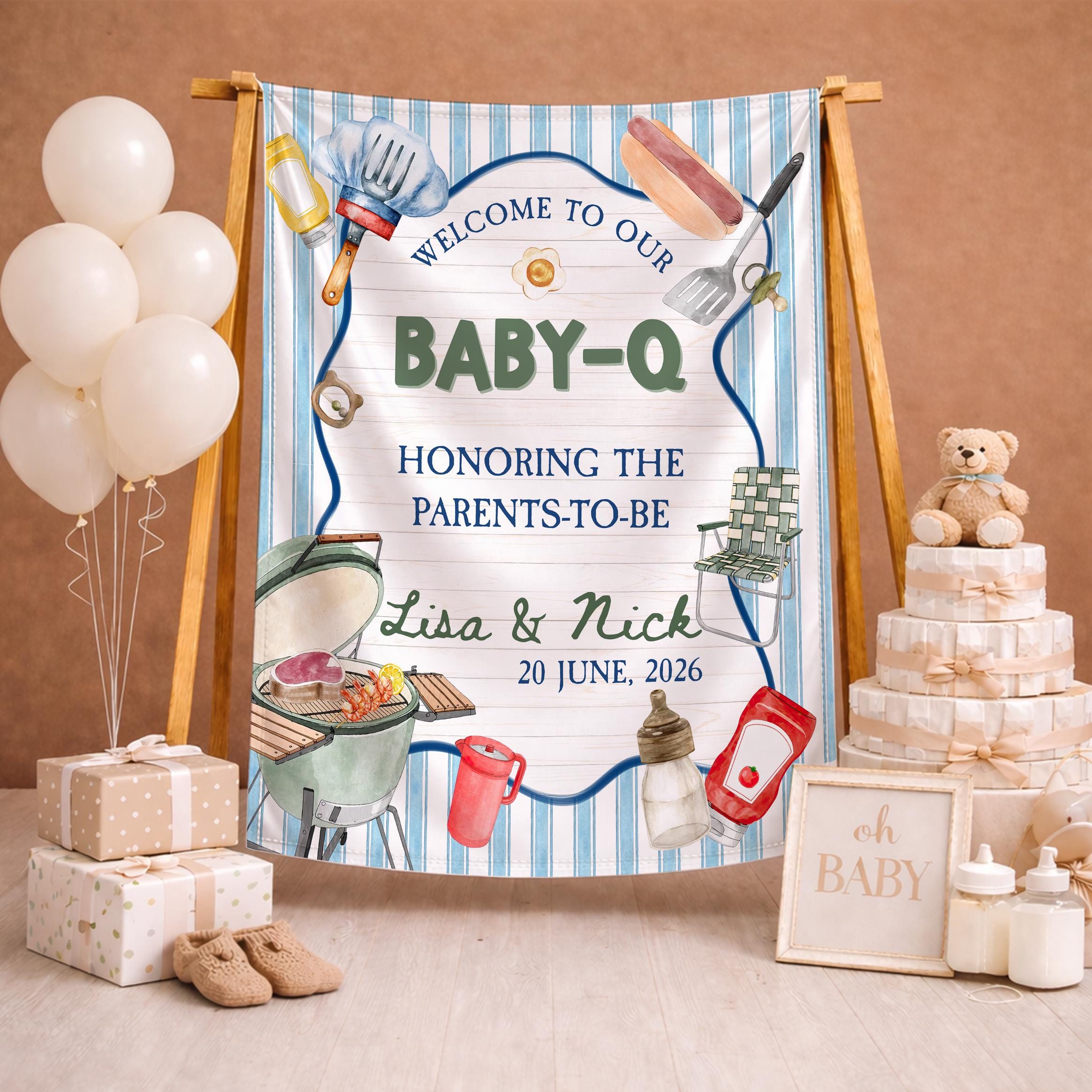 Custom Baby Q Baby Shower Welcome Sign with Light Blue Watercolor Design, Personalized BBQ Party Decor for Boy Baby Shower Celebration