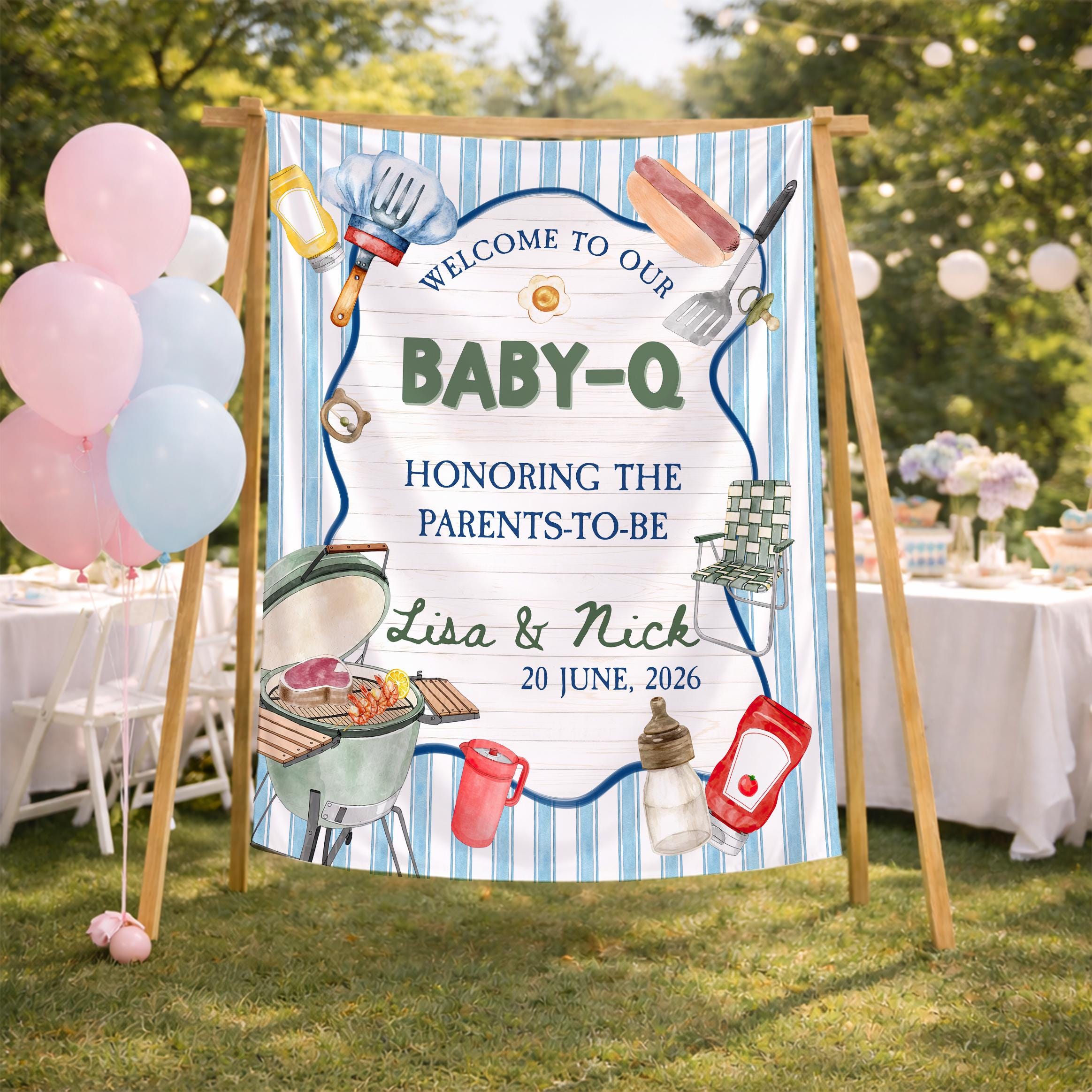 Custom Baby Q Baby Shower Welcome Sign with Light Blue Watercolor Design, Personalized BBQ Party Decor for Boy Baby Shower Celebration