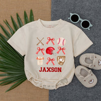 Custom Baby Baseball Bubble Romper with Red Bows Game Day Birthday Outfit Personalized JAXSON Name Soft Cotton Infant Clothes