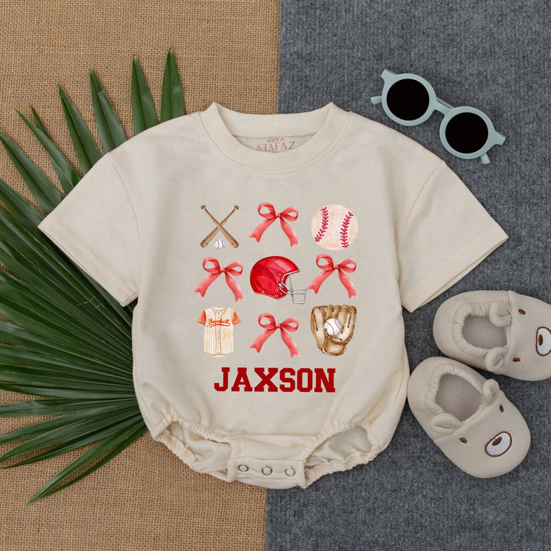 Custom Baby Baseball Bubble Romper with Red Bows Game Day Birthday Outfit Personalized JAXSON Name Soft Cotton Infant Clothes