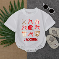 Custom Baby Baseball Bubble Romper with Red Bows Game Day Birthday Outfit Personalized JAXSON Name Soft Cotton Infant Clothes