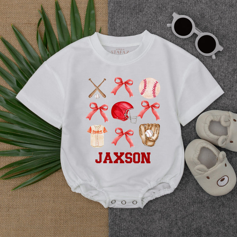 Custom Baby Baseball Bubble Romper with Red Bows Game Day Birthday Outfit Personalized JAXSON Name Soft Cotton Infant Clothes