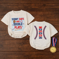Custom Baby Baseball Bubble Romper with Sunny Days and Double Plays Artwork, Matching Family Outfit, Soft Cotton for Playful Summer Days