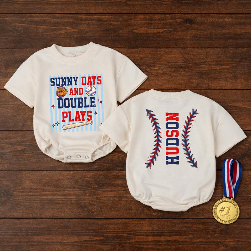 Custom Baby Baseball Bubble Romper with Sunny Days and Double Plays Artwork, Matching Family Outfit, Soft Cotton for Playful Summer Days