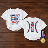 Custom Baby Baseball Bubble Romper with Sunny Days and Double Plays Artwork, Matching Family Outfit, Soft Cotton for Playful Summer Days
