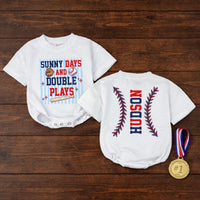 Custom Baby Baseball Bubble Romper with Sunny Days and Double Plays Artwork, Matching Family Outfit, Soft Cotton for Playful Summer Days