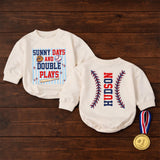 Custom Baby Baseball Bubble Romper with Sunny Days and Double Plays Artwork, Matching Family Outfit, Soft Cotton for Playful Summer Days