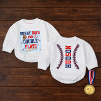 Custom Baby Baseball Bubble Romper with Sunny Days and Double Plays Artwork, Matching Family Outfit, Soft Cotton for Playful Summer Days