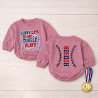 Custom Baby Baseball Bubble Romper with Sunny Days and Double Plays Artwork, Matching Family Outfit, Soft Cotton for Playful Summer Days