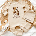 Custom Baby Bear Patchwork Bodysuit & Hat Set - Personalized Newborn Outfit in Soft Cotton, Perfect Baby Shower Gift or Coming Home Look