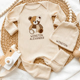 Custom Baby Bear Patchwork Bodysuit & Hat Set - Personalized Newborn Outfit in Soft Cotton, Perfect Baby Shower Gift or Coming Home Look