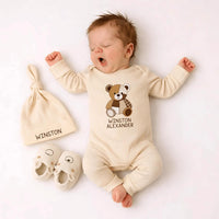 Custom Baby Bear Patchwork Bodysuit & Hat Set - Personalized Newborn Outfit in Soft Cotton, Perfect Baby Shower Gift or Coming Home Look