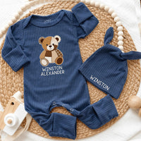 Custom Baby Bear Patchwork Bodysuit & Hat Set - Personalized Newborn Outfit in Soft Cotton, Perfect Baby Shower Gift or Coming Home Look