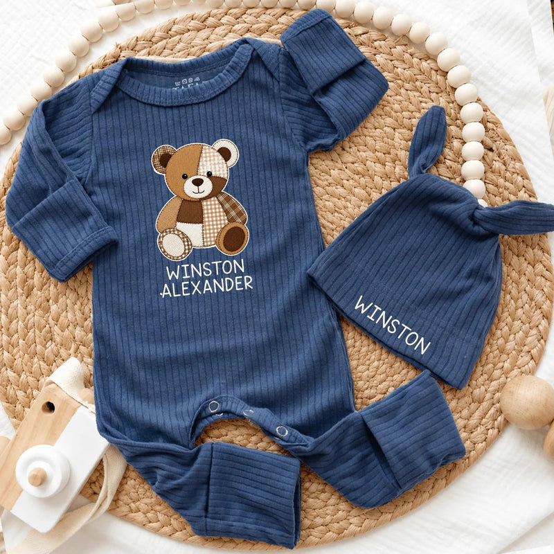 Custom Baby Bear Patchwork Bodysuit & Hat Set - Personalized Newborn Outfit in Soft Cotton, Perfect Baby Shower Gift or Coming Home Look