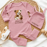 Custom Baby Bear Patchwork Bodysuit & Hat Set - Personalized Newborn Outfit in Soft Cotton, Perfect Baby Shower Gift or Coming Home Look