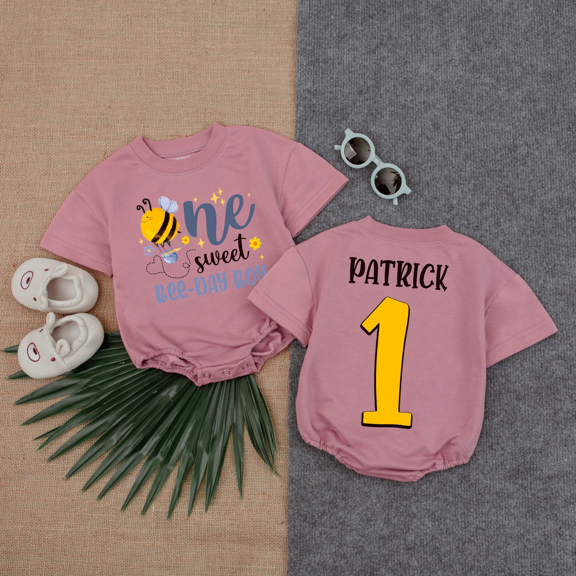 Custom Baby Bee Birthday Romper for Boys One Sweet Bee-Day Outfit First Birthday Bodysuit with Name Patrick Yellow Number 1 Design