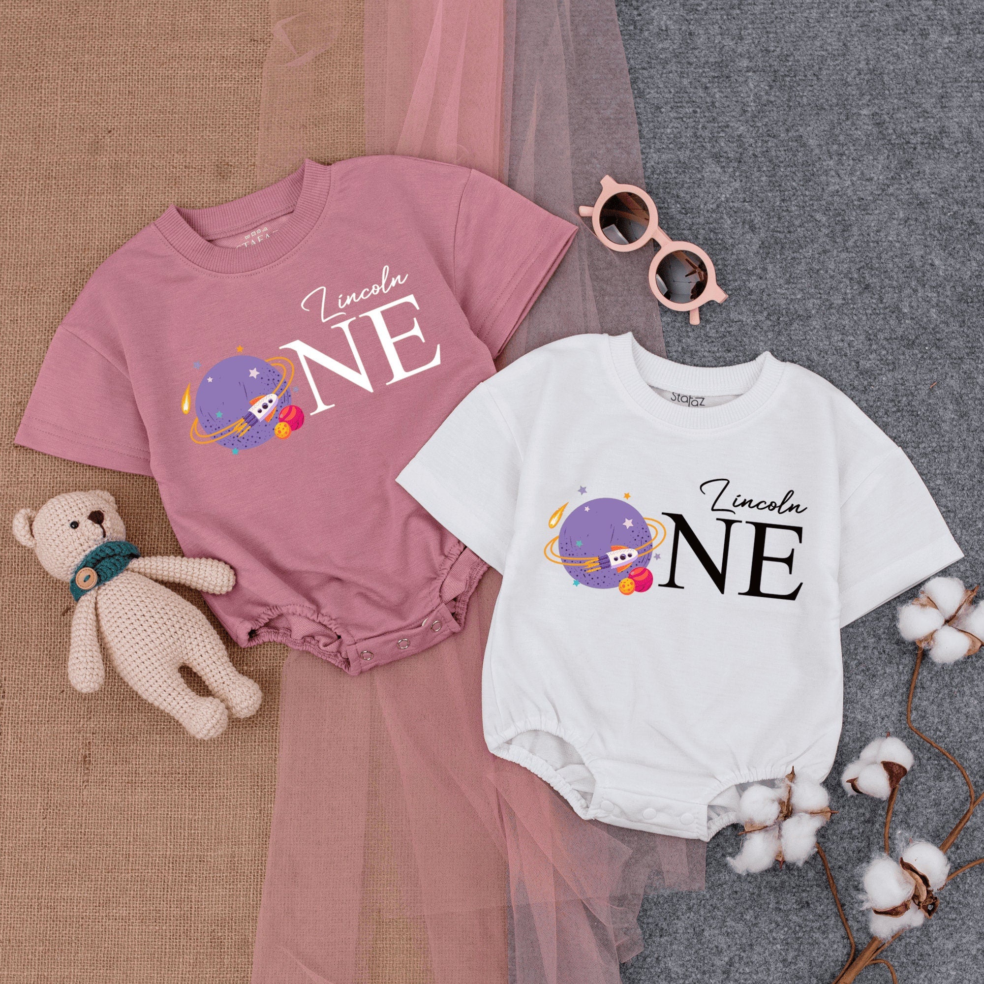 Custom Baby Birthday Romper with Cosmic Cartoon Planets Purple and Pink Design ONE Shirt Infant First Birthday Outfit Comfortable Cotton