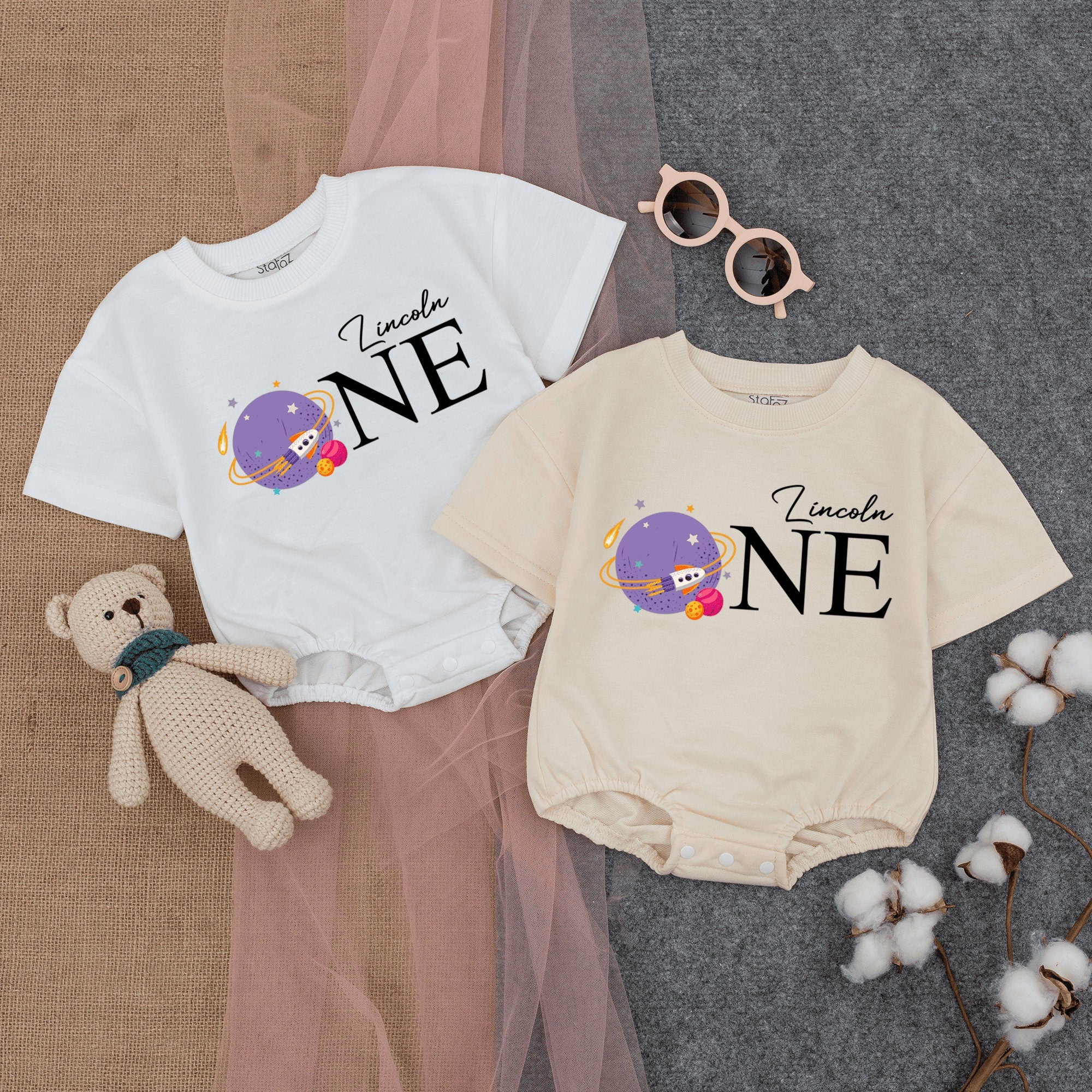 Custom Baby Birthday Romper with Cosmic Cartoon Planets Purple and Pink Design ONE Shirt Infant First Birthday Outfit Comfortable Cotton