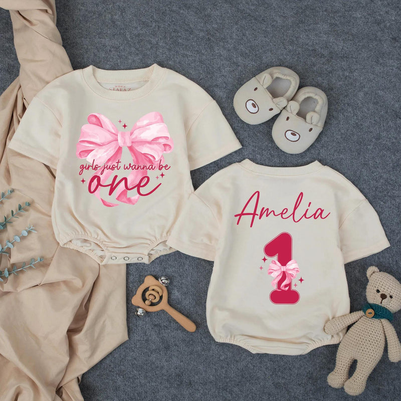 Custom Baby Birthday Romper with Pink Bow Artwork, Girls Just Wanna Be One Design, Soft Cotton Bodysuit for First Birthday Celebration