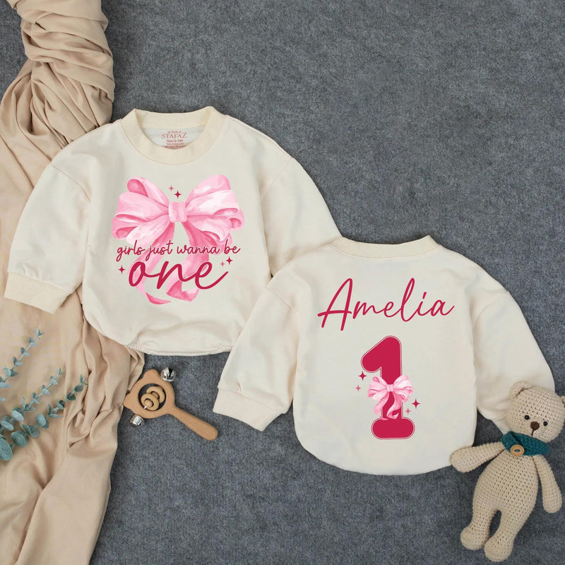 Custom Baby Birthday Romper with Pink Bow Artwork, Girls Just Wanna Be One Design, Soft Cotton Bodysuit for First Birthday Celebration
