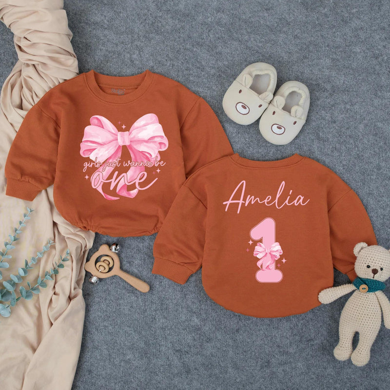 Custom Baby Birthday Romper with Pink Bow Artwork, Girls Just Wanna Be One Design, Soft Cotton Bodysuit for First Birthday Celebration