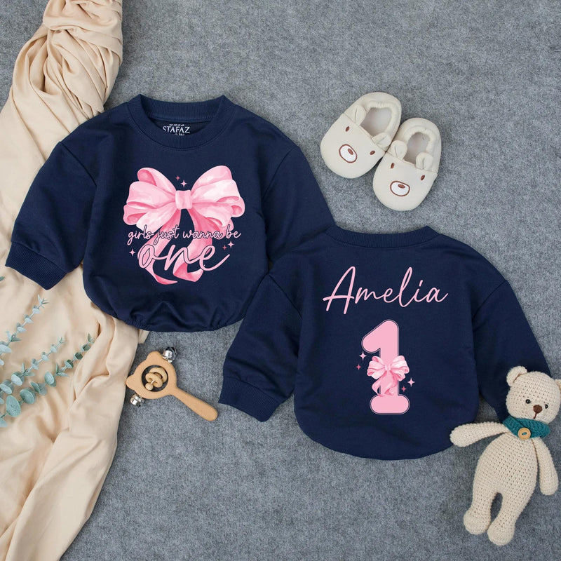 Custom Baby Birthday Romper with Pink Bow Artwork, Girls Just Wanna Be One Design, Soft Cotton Bodysuit for First Birthday Celebration