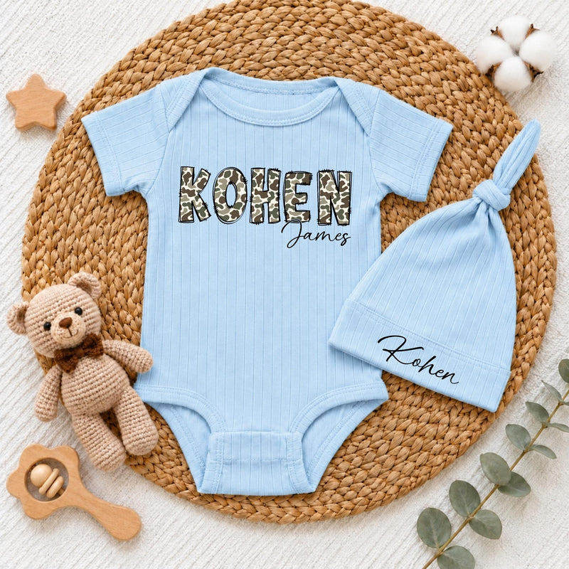 Custom Baby Bodysuit with Camouflage Name Design, Soft Beige Cotton Newborn Outfit, Perfect for Baby Shower Gift or Going Home Set