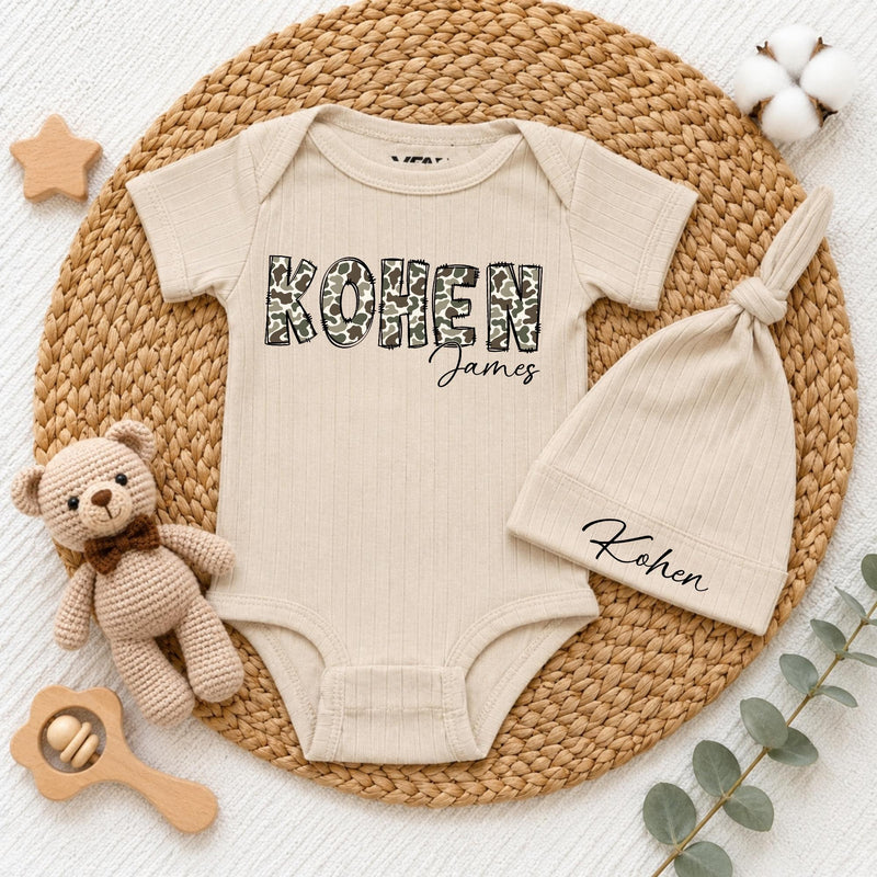 Custom Baby Bodysuit with Camouflage Name Design, Soft Beige Cotton Newborn Outfit, Perfect for Baby Shower Gift or Going Home Set