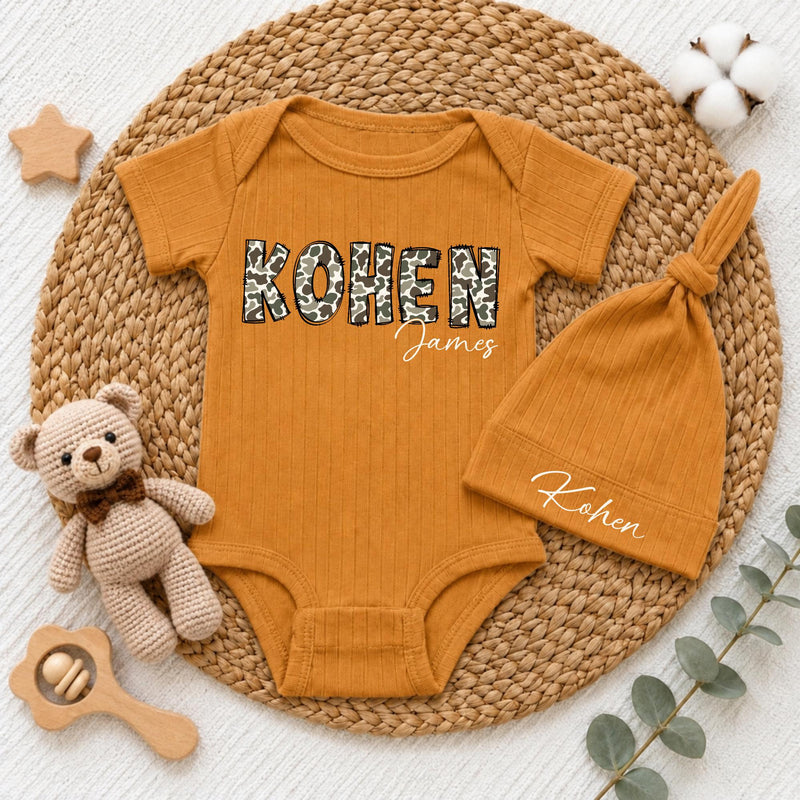 Custom Baby Bodysuit with Camouflage Name Design, Soft Beige Cotton Newborn Outfit, Perfect for Baby Shower Gift or Going Home Set