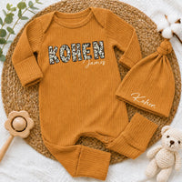 Custom Baby Bodysuit with Camouflage Name Design, Soft Beige Cotton Newborn Outfit, Perfect for Baby Shower Gift or Going Home Set