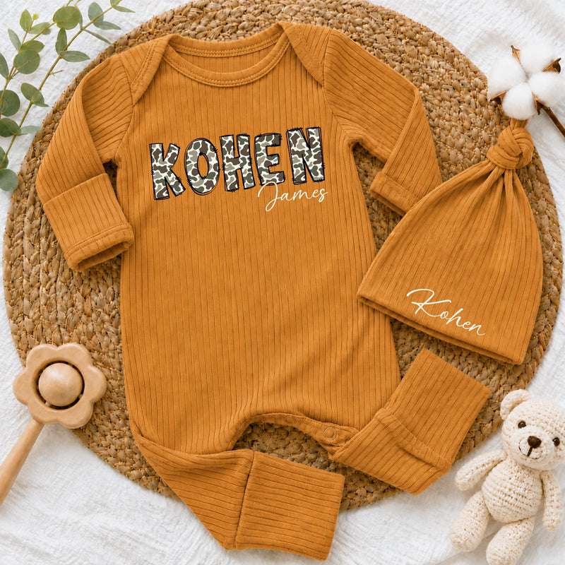 Custom Baby Bodysuit with Camouflage Name Design, Soft Beige Cotton Newborn Outfit, Perfect for Baby Shower Gift or Going Home Set