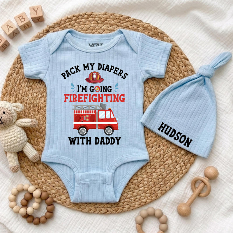 Custom Baby Bodysuit with Firefighter Design, Pack My Diapers I'm Going Firefighting with Daddy, Soft Cotton Outfit for Newborns & Infants