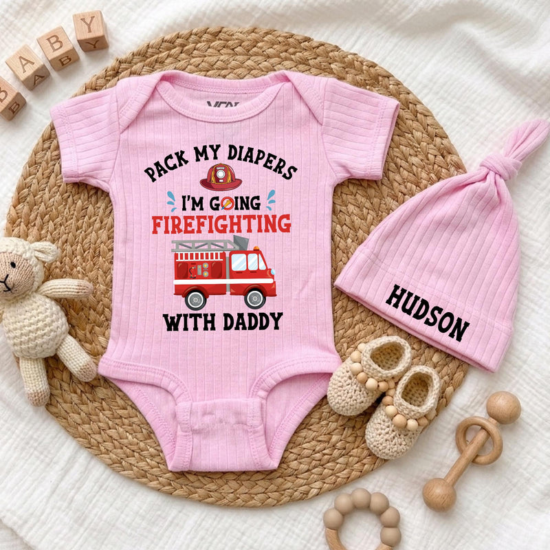 Custom Baby Bodysuit with Firefighter Design, Pack My Diapers I'm Going Firefighting with Daddy, Soft Cotton Outfit for Newborns & Infants
