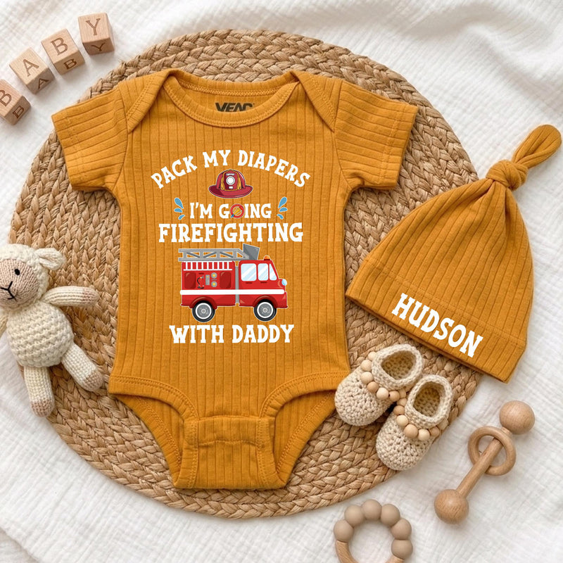 Custom Baby Bodysuit with Firefighter Design, Pack My Diapers I'm Going Firefighting with Daddy, Soft Cotton Outfit for Newborns & Infants