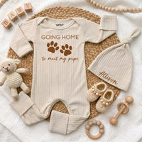 Custom Baby Bodysuit with 'Going Home to Meet My Pups' Print, Soft Cotton Newborn Outfit with Hat, Perfect Baby Shower or Coming Home Gift
