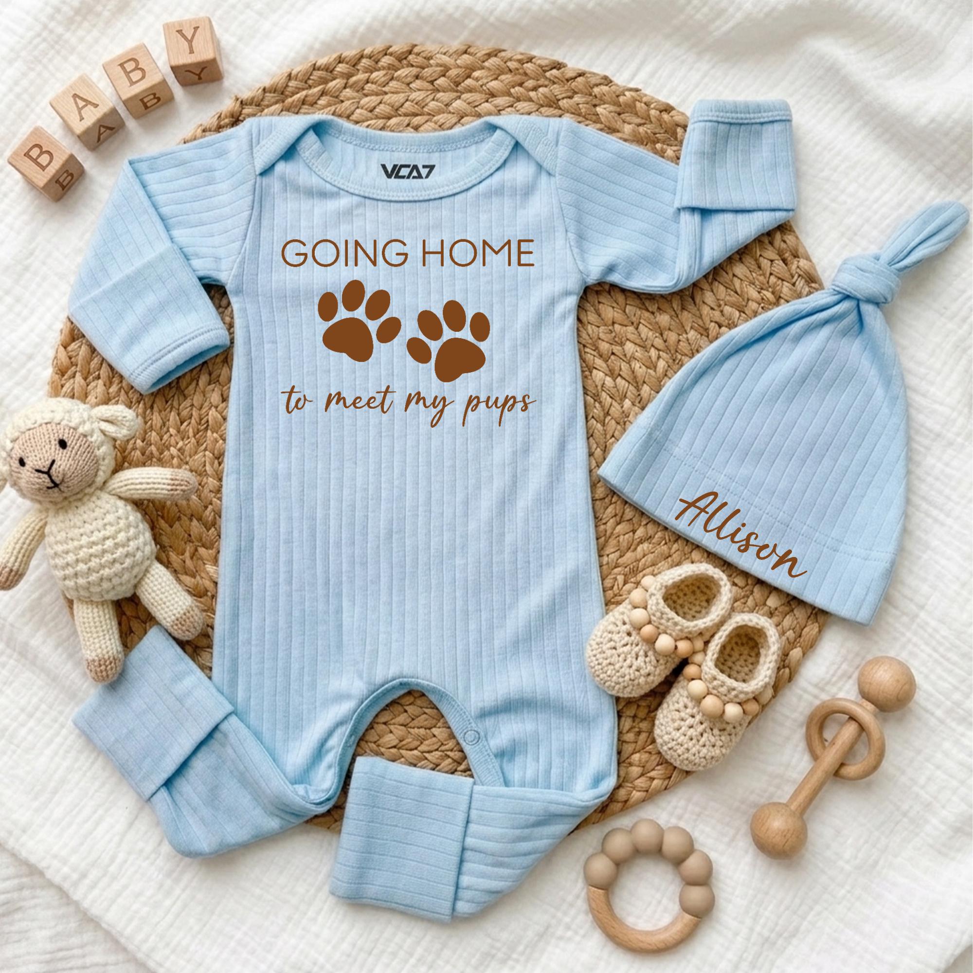 Custom Baby Bodysuit with 'Going Home to Meet My Pups' Print, Soft Cotton Newborn Outfit with Hat, Perfect Baby Shower or Coming Home Gift