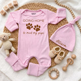 Custom Baby Bodysuit with 'Going Home to Meet My Pups' Print, Soft Cotton Newborn Outfit with Hat, Perfect Baby Shower or Coming Home Gift