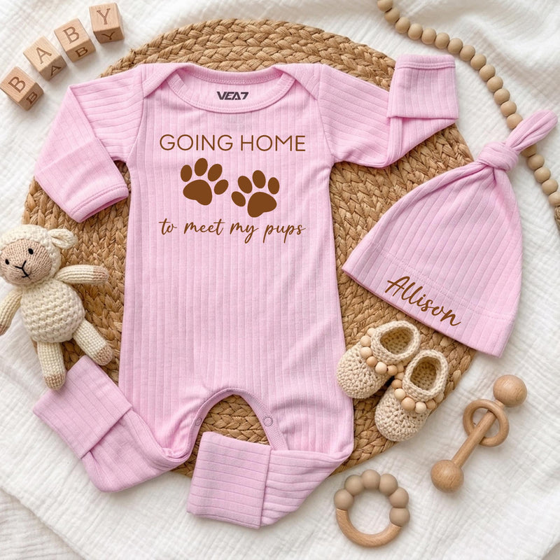 Custom Baby Bodysuit with 'Going Home to Meet My Pups' Print, Soft Cotton Newborn Outfit with Hat, Perfect Baby Shower or Coming Home Gift