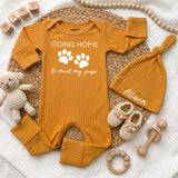 Custom Baby Bodysuit with 'Going Home to Meet My Pups' Print, Soft Cotton Newborn Outfit with Hat, Perfect Baby Shower or Coming Home Gift