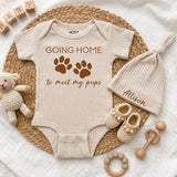 Custom Baby Bodysuit with 'Going Home to Meet My Pups' Print, Soft Cotton Newborn Outfit with Hat, Perfect Baby Shower or Coming Home Gift