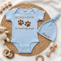 Custom Baby Bodysuit with 'Going Home to Meet My Pups' Print, Soft Cotton Newborn Outfit with Hat, Perfect Baby Shower or Coming Home Gift