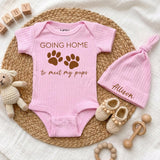 Custom Baby Bodysuit with 'Going Home to Meet My Pups' Print, Soft Cotton Newborn Outfit with Hat, Perfect Baby Shower or Coming Home Gift