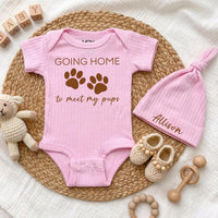 Custom Baby Bodysuit with 'Going Home to Meet My Pups' Print, Soft Cotton Newborn Outfit with Hat, Perfect Baby Shower or Coming Home Gift