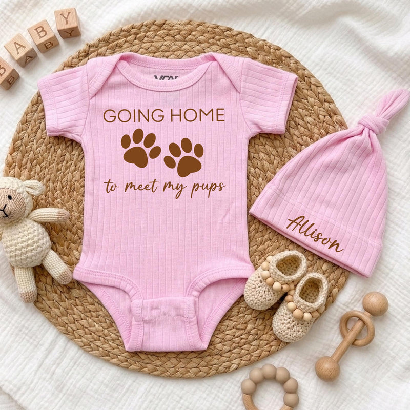 Custom Baby Bodysuit with 'Going Home to Meet My Pups' Print, Soft Cotton Newborn Outfit with Hat, Perfect Baby Shower or Coming Home Gift