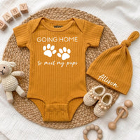 Custom Baby Bodysuit with 'Going Home to Meet My Pups' Print, Soft Cotton Newborn Outfit with Hat, Perfect Baby Shower or Coming Home Gift