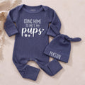 Custom Baby Bodysuit with 'Going Home to Meet My Pups' Quote, Soft Cotton Newborn Outfit with Hat, Perfect for Dog-Loving Families