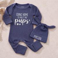 Custom Baby Bodysuit with 'Going Home to Meet My Pups' Quote, Soft Cotton Newborn Outfit with Hat, Perfect for Dog-Loving Families