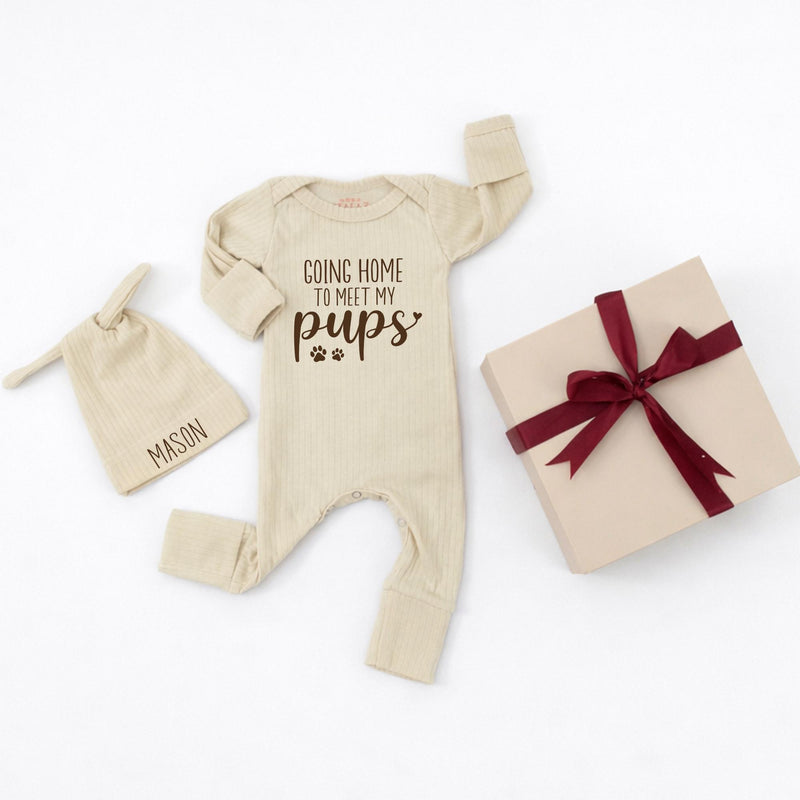 Custom Baby Bodysuit with 'Going Home to Meet My Pups' Quote, Soft Cotton Newborn Outfit with Hat, Perfect for Dog-Loving Families