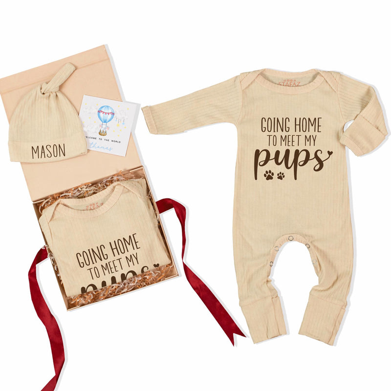 Custom Baby Bodysuit with 'Going Home to Meet My Pups' Quote, Soft Cotton Newborn Outfit with Hat, Perfect for Dog-Loving Families