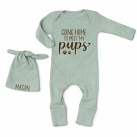 Custom Baby Bodysuit with 'Going Home to Meet My Pups' Quote, Soft Cotton Newborn Outfit with Hat, Perfect for Dog-Loving Families